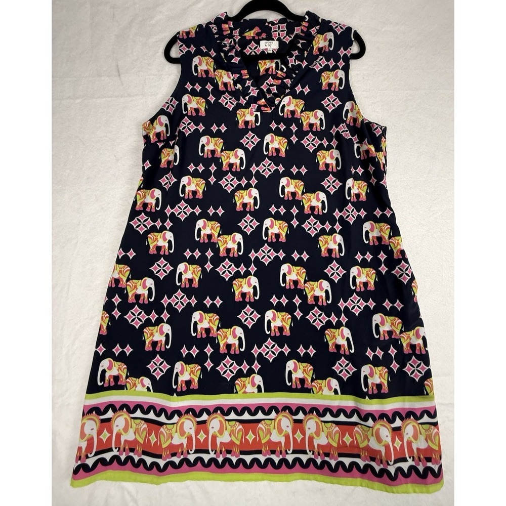 Crown & Ivy Elephant Ruffle V-Neck Sleeveless Shift Dress 14 Blue Pink Preppy
